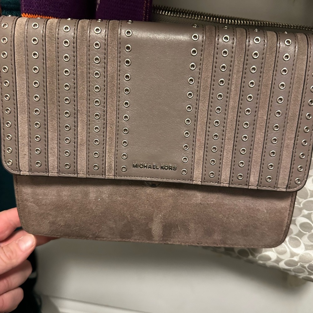 Michael Kors Brooklyn Large Grommet Suede and Leather Crossbody in Cinder